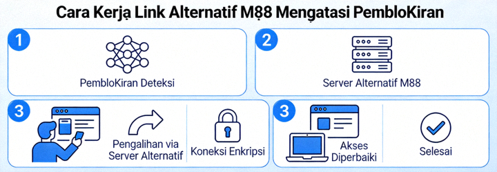 Ilustrasi cara kerja link alternatif M88 mengatasi pemblokiran